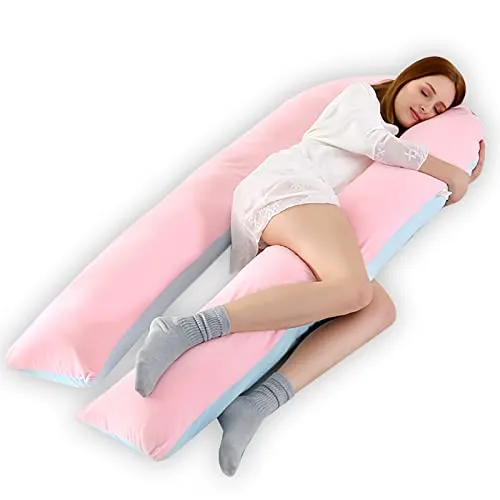 CALIYO Schwangerschaftskissen U Form, Seitenschläferkissen mit Bezug, Stillkissen groß, Pregnancy Pillow und Komfortkissen für Erwachsene (Hellrosa/Hellblau, Kristallvelour)