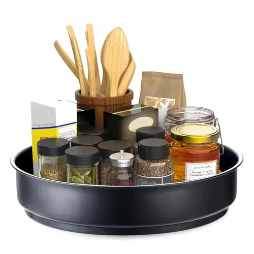 Grad Drehteller Küche, Edelstahl Drehbares Gewürzregal Drehtablett 31cm Lazy Susan Drehteller Organizer Drehbar Kühlschrank für Küchen Organizer Gewürze (Schwarz) 360