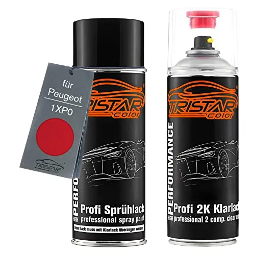 TRISTARcolor Autolack 2K Spraydosen Set für Peugeot 1XP0 Rosso Tiziano/Rojo Tiziano Basislack 2 Komponenten Klarlack Sprühdose