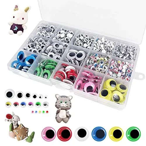 Uootach 1500 Stücke Selbstklebend Wackelaugen, Kunststoff Augen, handwerkliche Augen, Selbstklebende Bastelaugen für Bastelbedarf, DIY Scrapbooking, Spielzeugzubehör (4/5/6/7/8/10/15 mm)