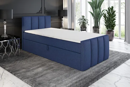 Boxspringbett FUNI 80x200 (Rechts) mit Bettkästen und Bonell-Matratze - Blau - Stylisches Jugendbett mit praktischen Bettkästen für zusätzlichen Stauraum. Die hochwertige Bonell-Matratze und der Topper sorgen für einen angenehmen Schlafkomfort. Ideal für Schlafzimmer oder Hotelzimmer.