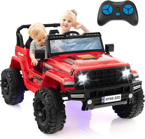 GOPLUS 24V Kinderauto mit 2,4G-Fernbedienung, Elektroauto mit MP3, Hupe, Musik und LED-Leuchten, Kinderfahrzeug 2 Sitzer mit All-Terrain Räder für Kinder ab 3 Jahre (Rot)