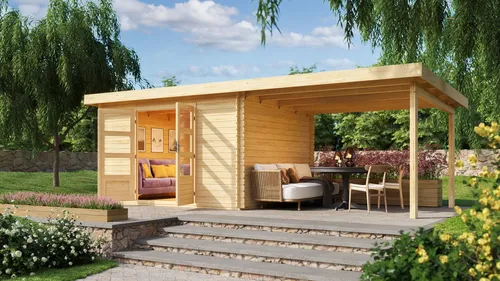 Gartenhaus Holz 28mm Karibu BASTRUP 7 natur 639x297cm mit Schleppdach - Geräumiges Gartenhaus aus hochwertigem Holz, ideal für die Lagerung oder als Rückzugsort im Garten. Mit einem Schleppdach für zusätzlichen Schutz und einer Wandstärke von 28mm.