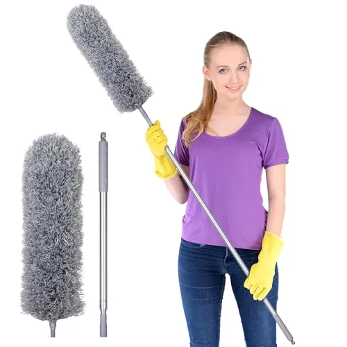 Staubwedel Teleskop Waschbar, Staubwischer Mikrofaser Edelstahl Teleskop Stange und Verbiegbare Eckbesen, Waschbarer,Staubwedel Lang Ausziehbar Extra Lang Bis 254 cm, für Decken Spinnweben