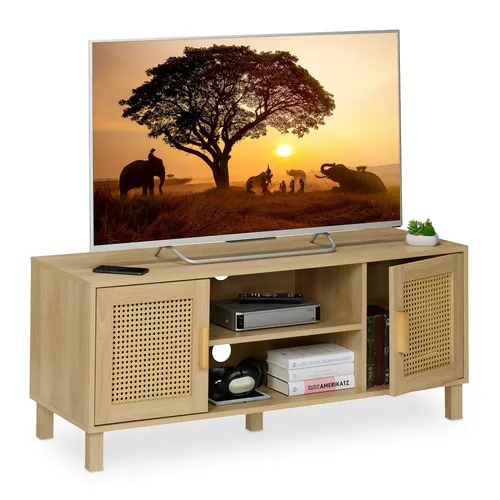 Lowboard Fernsehtisch mit Rattan-Design - TV-Lowboard im Boho-Stil mit Kabelmanagement und 4 Regalfächern. Ideal für Wohnzimmer, passend für Fernseher bis 50 Zoll. Elegantes hellbraunes Finish aus Faserplatte.