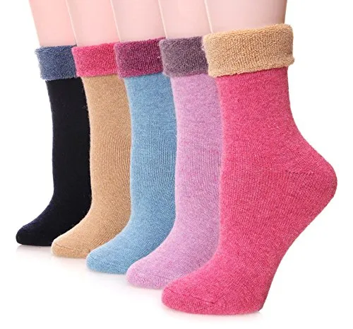 EBMORE Damen Wollsocken Merino Warme Dicke Wolle Geschenke Socken Wandersocken Thermosocken Wintersocken für Damen 5 Paar(Manschette-Rosa)