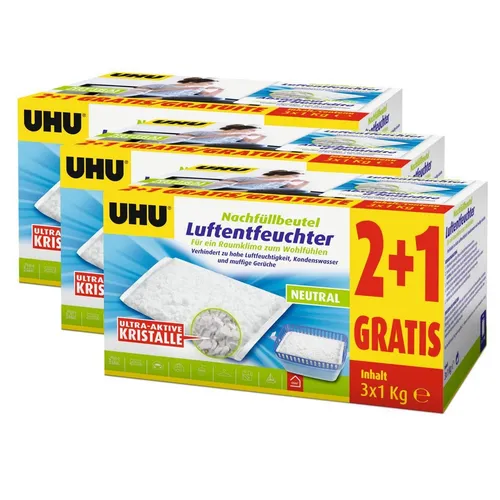 UHU Original Luftentfeuchter Nachfüllbeutel 3x1000g - Effektiver Feuchtigkeitsschutz - Lufttrockner mit 3x1000g Granulat für bis zu 100 m², entfernt zuverlässig überschüssige Feuchtigkeit und unangenehme Gerüche, sorgt für ein gesundes Raumklima.
