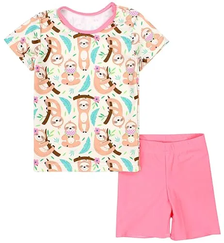 Aquarti Baby Mädchen Zweiteiler Kinder Badeanzug Bade-Set Bade T-Shirt Badehose UV-Schutz, Farbe: Faultiere Beige Grün Rosa, Größe: 92