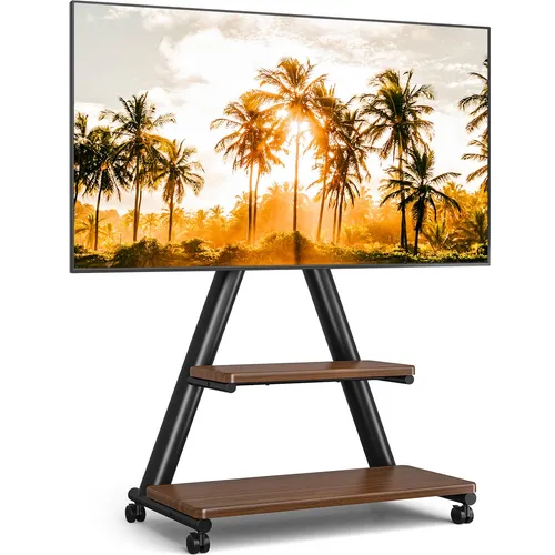 TVON Brauner Rollbarer TV-Ständer für 32-80 Zoll Fernseher - Robuster TV-Ständer mit stilvollem A-Rahmen-Design, geeignet für Fernseher bis 68 kg. Mit 4 arretierbaren Rollen für einfache Mobilität und optimaler Betrachtungsflexibilität dank Schwenk- und Neigungsfunktionen.