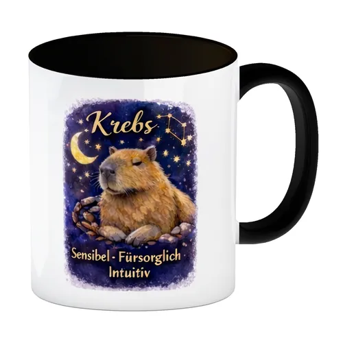 Krebs Sternzeichen Cabybara Kaffeebecher in schwarz für Astrologie Fans