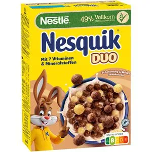 Nestle Cornflakes Nesquik DUO 325g - Brotaufstriche mit 49% Vollkorn, reich an Vitaminen, Calcium und Eisen. Schokoladige Cerealien-Bällchen für den perfekten Start in den Tag!