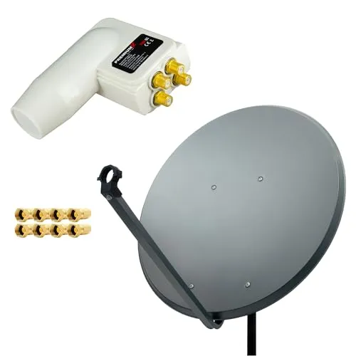 PremiumX Satelliten-Komplettanlage 100cm - SAT-Antennen mit hochwertiger Aluminium-Schüssel in Anthrazit, ideal für HD+ und UHD 4K Empfang, inklusive 4-fach LNB und 8 F-Steckern für bis zu 4 Receiver.