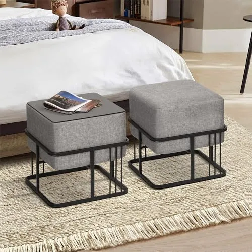 [en.casa] Hocker Tas multifunktionaler Sitzhocker 2er Set stapelbar Ottoman Beistelltisch quadratisch 38 x 38 x 38 cm Fußhocker gepolstert Pouf Hellgrau