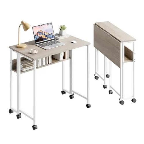 Dripex Faltbar Tisch 80x50 cm, Platzsparender Schreibtisch Klappbar Computertisch mit Stauraum und Rollen Kleiner PC Klapptisch für Homeoffice Arbeitszimmer(Oak)