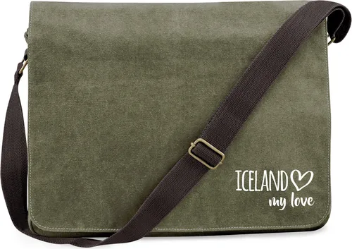 Huuraa Umhängetasche Iceland my love 14 Liter Military Green Canvas Laptoptasche Geschenkidee