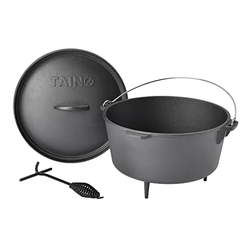 TAINO Dutch Oven 8L - Gusseisen Feuertopf Set mit Deckelheber - Dutch Oven mit 8L Volumen, sofort einsatzbereit und ideal für Schmoren, Braten oder Grillen. Dank gleichmäßiger Hitzeverteilung zaubern Sie köstliche Gerichte direkt in den Kohlen.
