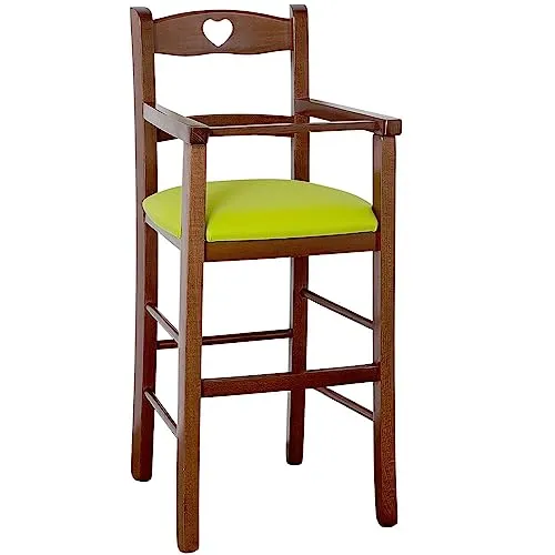 Hochstuhl aus dunklem Walnussholz mit grünem Kunstledersitz