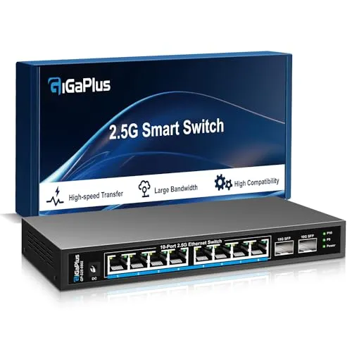 Port 2.5Gb Unmanaged Ethernet Switch mit 8* 2.5G Base-T Ports, 2* 10G SFP+ Ports. GiGaPlus 2.5Gbps Netzwerk Switch für 2.5Gbps NAS/PC, WiFi6 Router, Wireless AP. Lüfterloses Design, Plug and Play 10