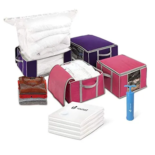 VOUNOT Vakuum Aufbewahrungstasche mit Pumpe, 4 Stück - Vakuum-Platzsparer – 4 Aufbewahrungstaschen mit großer Volumenkapazität für optimale Raumersparnis und Schutz Ihrer Kleidung vor Staub.