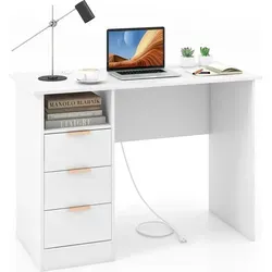 COSTWAY Schreibtisch mit 3 Schubladen und Ladestation - Moderne Schreibtische mit integrierter Ladestation: 2 AC-Steckdosen, 2 USB-Anschlüsse und Typ-C für müheloses Laden. Robuste Konstruktion für bis zu 135 kg, ideal für Homeoffice, Studium oder als Schminktisch.