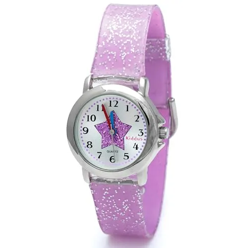 Kiddus | Kinderuhren. Mädchen Armbanduhr. Mit Übungen zum Uhrzeit Lernen. Kinderuhren mädchen. Mit Glitzer und Mit Hochwertigem Japanischen Quarzwerk. Ab 4 Jahre alt.