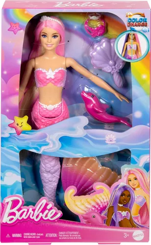 Barbie Malibu Meerjungfrau-Puppe mit Farbwechseleffekt - Spielzeug für Kindergartenkinder, inklusive Delfin und Accessoires für fantasievolles Spielen und kreative Abenteuer.