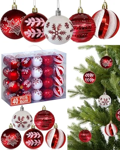 40er Set Weihnachtskugeln Rot Weiß, 6CM Christbaumkugeln Kunststoff mit Anhänger, Bruchsicher Weihnachtsbaumkugeln in verschiedenen Oberflächen und Mustern, Christbaumschmuck für Innen Aussen