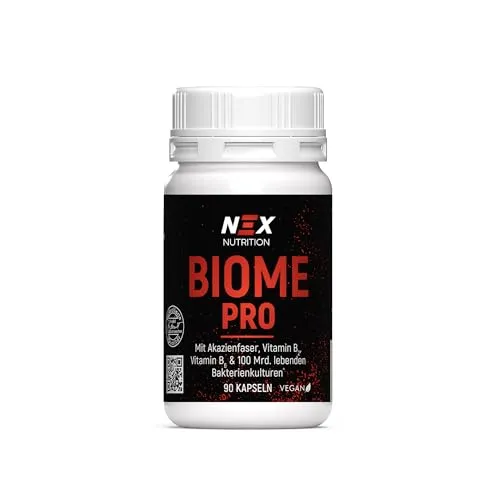 NEX I Biome Pro Probiotika 90 Kapseln I 1 täglich mit 10 Milliarden KBE I 23 dokumentierte Bakterienkulturen mit Akazienfaser Vitamin B2 B6 I vegan pflanzlich magensaftresistent