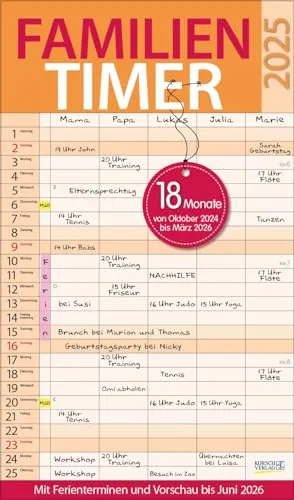 Familientimer 18 Monate 2025/2026: Familienkalender mit 5 Spalten, Familienplaner von Oktober 2024 bis März 2026. Zusatzspalte, Ferientermine und Vorschau bis Juni 2026.