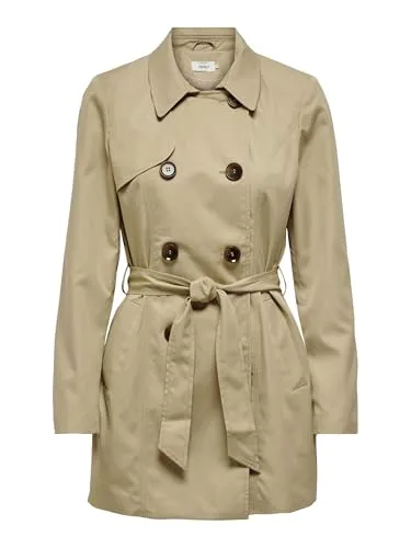 ONLY Kurzmantel ONLVALERIE TRENCHCOAT OTW NOOS - Braun/Schwarz - Funktionsjacke aus 100% Polyester, wärmend und ideal für den Alltag. Regulär geschnitten mit V-Ausschnitt und praktischen Eingrifftaschen.