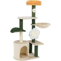 COSTWAY Kratzbaum 114cm hoch – Interaktives Katzenmöbel mit Hängematte und Sisalbrett - Kratzbäume für Katzen: Modernes Design mit blumenförmiger Plattform, drehbarer Hängematte und langlebigen Kratzsäulen – ideal für Spiel und Entspannung.