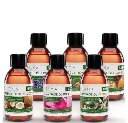 Kitama Massageöl mit Aroma Set, 6 Düfte: Jasmin Rose Orange Lavendel Kokos Zitronengras 6 x 250ml