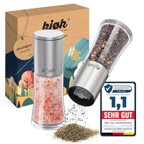 kjøk Premium Salz und Pfeffermühle Edelstahl gebürstet, Glas und BPA - 2er Set Gewürzmühle mit Keramikmahlwerk verstellbar - Mühlenset manuell für getrocknete Gewürze - 2x Mühle ohne Inhalt