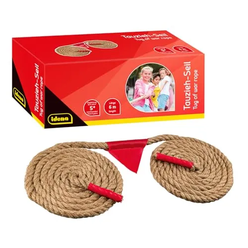 Idena 40382 - Seilspiel Tauziehen Outdoor, Länge 6 m, Durchmesser 20 mm, abnehmbare Flagge, verstärkte Enden, Gartenspiele für Erwachsene und Kinder ab 5 Jahren
