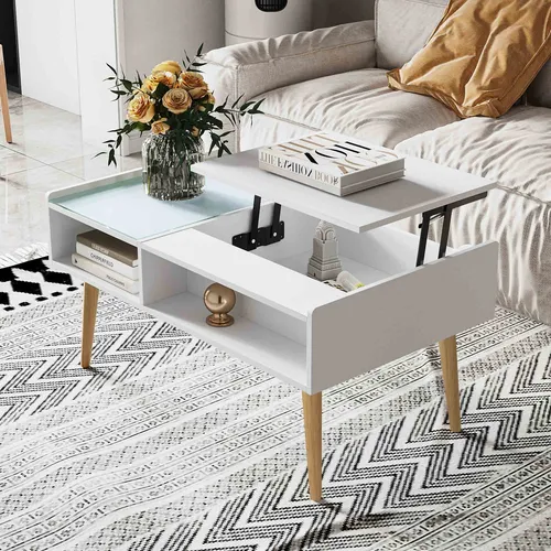 Makika Ausziehbarer Couchtisch mit höhenverstellbarer Platte - Beistelltisch fürs Wohnzimmer mit gehärtetem Glas und verstecktem Stauraum – perfekt für Flexibilität und Ordnung im Alltag.