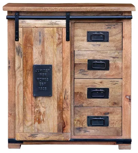 MR.DEKO Kommode Florenz Mango Vintage 90 x 45 x 100 cm - Schubladenkommode aus Mangoholz im Vintage-Look mit 4 Schubladen und 1 Schiebetür, ideal für ein gemütliches Ambiente und versandkostenfreie Lieferung.