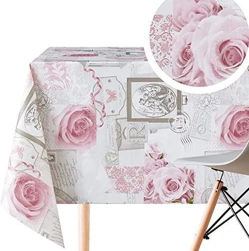 KP HOME Grau Tischdecke Abwaschbar mit Englischem Rosa Rosenmuster 140x140cm, Quadratisch PVC Tischdecke Abwischbare und Wasserfest Wachstuch