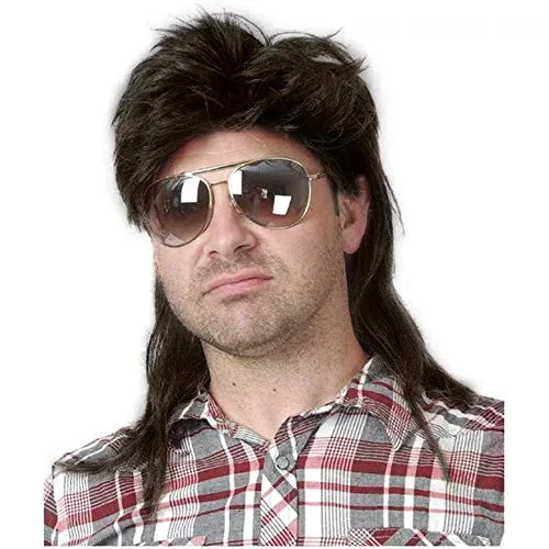 Beweig Männer Schwarz Vokuhila 80er Mullet Perücke Herren Lang Synthetische Haare Cosplay Halloween Kostüm Party