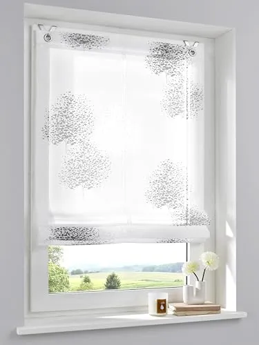 Raffrollo Ösenrollo Bellinda - Weiß Anthrazit 80 x 140 cm - Raffrollo mit dekorativen Fensterhaken, halbtransparent und waschbar bei 30°C. Ideal für einfache Montage ohne Schrauben - einfach einhängen und fertig!