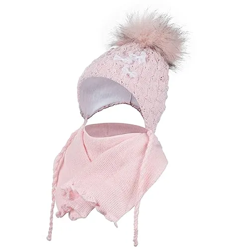 Smarilla Baby Mädchen Winter Mütze Schal Set Strick Bommel Wintermütze 40/42, Farbe: Rosa, Größe: 40-42