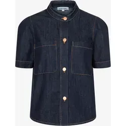 Jeansbluse von MORE & MORE - Stilvolle Jeansbluse in dunklem Denim mit Puff-Ärmeln und Stehkragen. Vielseitig kombinierbar für einen lässigen Look oder als Jacken-Ersatz – ideal für jeden Anlass.