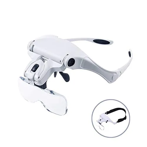 Wallfire Stirnband Lupe mit LED Licht, Freisprech Leselupe Gläser, Lupe mit 2 LED Licht 5 abnehmbare Linsen zum Lesen, Schmuck Lupe für elektronische Reparatur