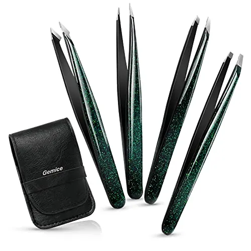 Gemice Augenbrauen Pinzetten Set mit Etui (4-teilig) Verbesserte Spitze Pinzette Augenbrauen Zupfen Profi Augenbrauenpinzette mit Anti-rutsch Beschichtung Zupfpinzette