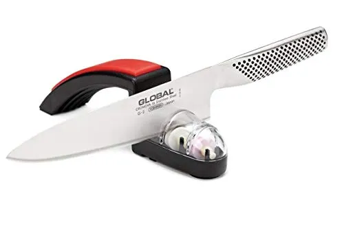 GLOBAL Messer-Set Starter Set Kochmesser + Handschleifer schwarz - Messersets für Hobbyköche – Das 2-tlg. Set beinhaltet ein 20 cm Kochmesser und einen handlichen Messerschärfer, ideal für präzises Schneiden und schnelles Schärfen in der Küche.