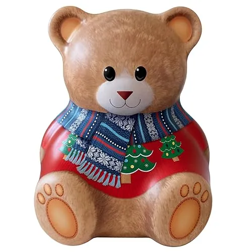 Teddy Blechdose für Plätzchen & mehr, max. 16 cm x 13 cm x max. 10 cm, lebensmittelecht, Winter-Edition mit Backrezept, tolle Aufbewahrung, schöne Dekoration, liebevolle Geschenkverpackung