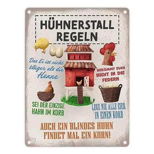 Hühnerstall Regeln Metallschild in 15x20 cm für Hühnerhalter witziges Blechschild für den Hühnerstall mit lustigen Sprüchen im Used-Look
