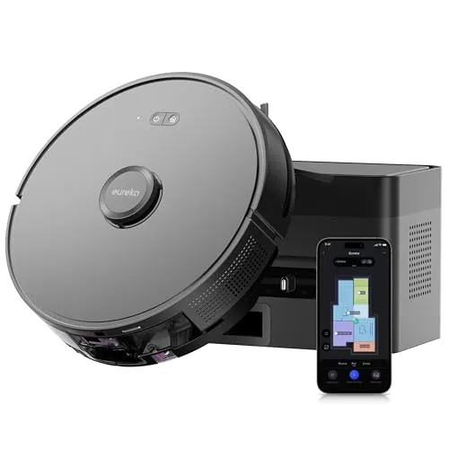 EUREKA E6 Plus Saugroboter mit automatischer Staubentleerung - Staubsaugroboter und Bodenwischer in einem, sorgt für mühelose Reinigung und hygienische Entleerung des Staubbehälters.