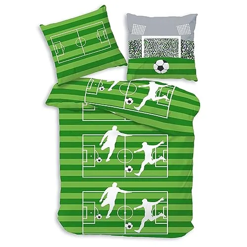 MTOnlinehandel Kuschelige Fußball Bettwäsche 135x200 - Bettwaren-Set für Kinder und Teenager aus 100% Baumwolle in warmer Biber-Qualität, ideal für Fußball-Fans – weich, hautsympathisch und mit praktischem Reißverschluss.