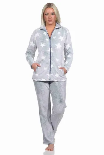 Normann Relaxanzug Damen in Sterneoptik - Bequemer Hausanzug in blau aus kuschelig warmem Coralfleece, ideal für gemütliche Abende zuhause. Mit dekorativen Sterne-Applikationen und praktischem Reißverschluss.