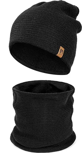 Herren Mütze Loop Schal Set Winter Strickmütze Beanie Winterschal Schwarz
